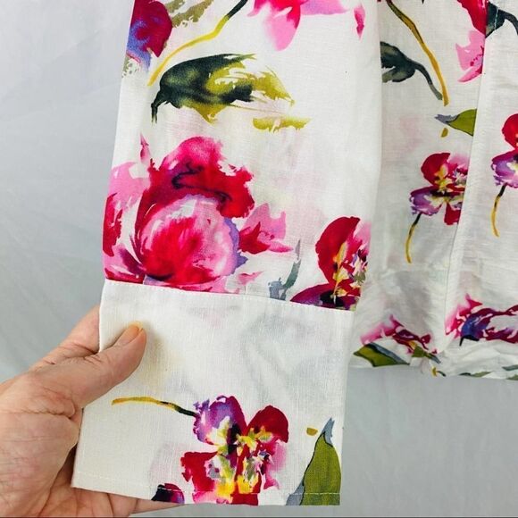 Harve Bernard white floral linen Blouse Medium - Picture 7 of 11